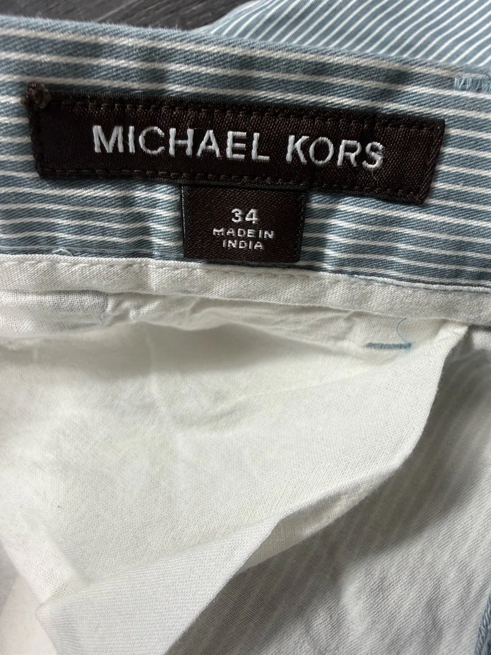 Michael Kors Men’s Light Blue and White Pinstripe Flat-Front Shorts